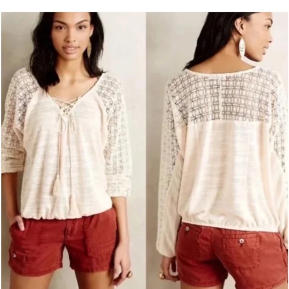Meadow Rue Cream Crochet Tie Front Blouse Size XS - Picture 1 of 7